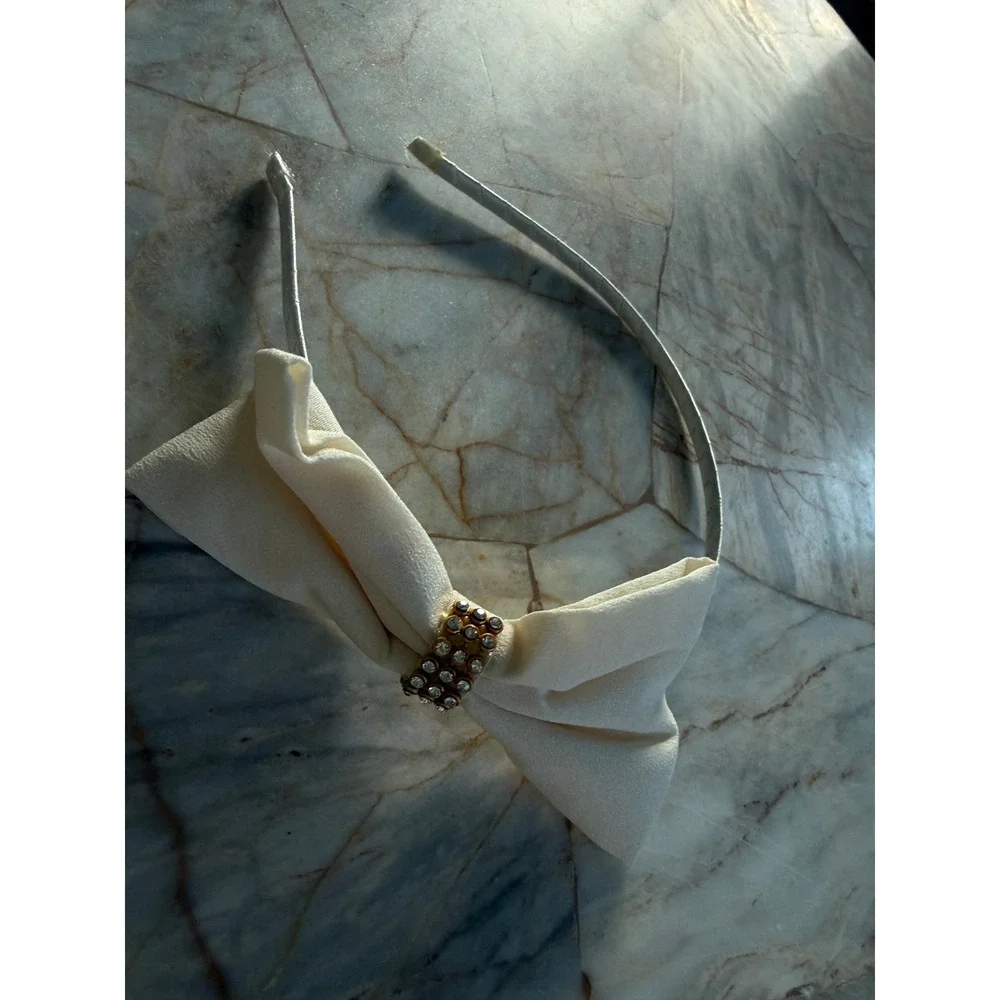 Cream Fabric Bow Headband with Rhinestone Center Classic Elegant Hair Accessory